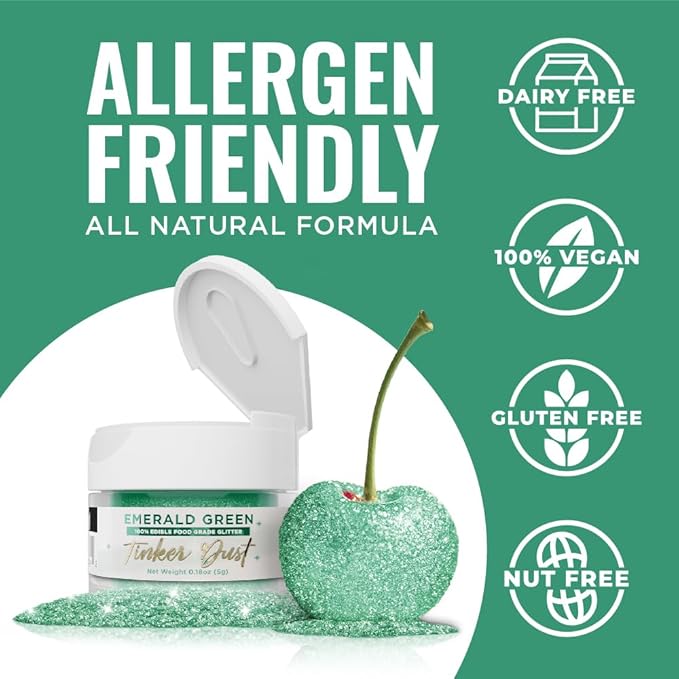 Bakell - Emerald Green Tinker Dust (5g, 1x Jar) Edible Glitter for Food, Desserts, and Beverages!