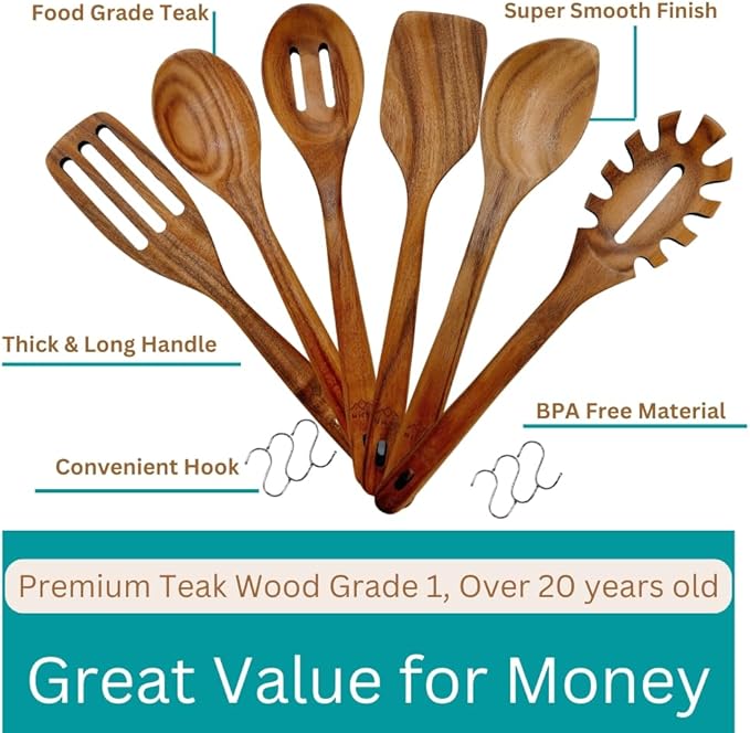 Wooden Utensils for Cooking, Premium Teak Healthy Spoons, Wooden Spoons for Cooking, Durable
