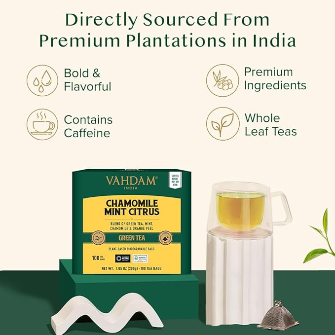 VAHDAM, Chamomile Mint Citrus Green Tea Bags (100 Count) Low Caffeine, Non GMO, Gluten Free | Sweet