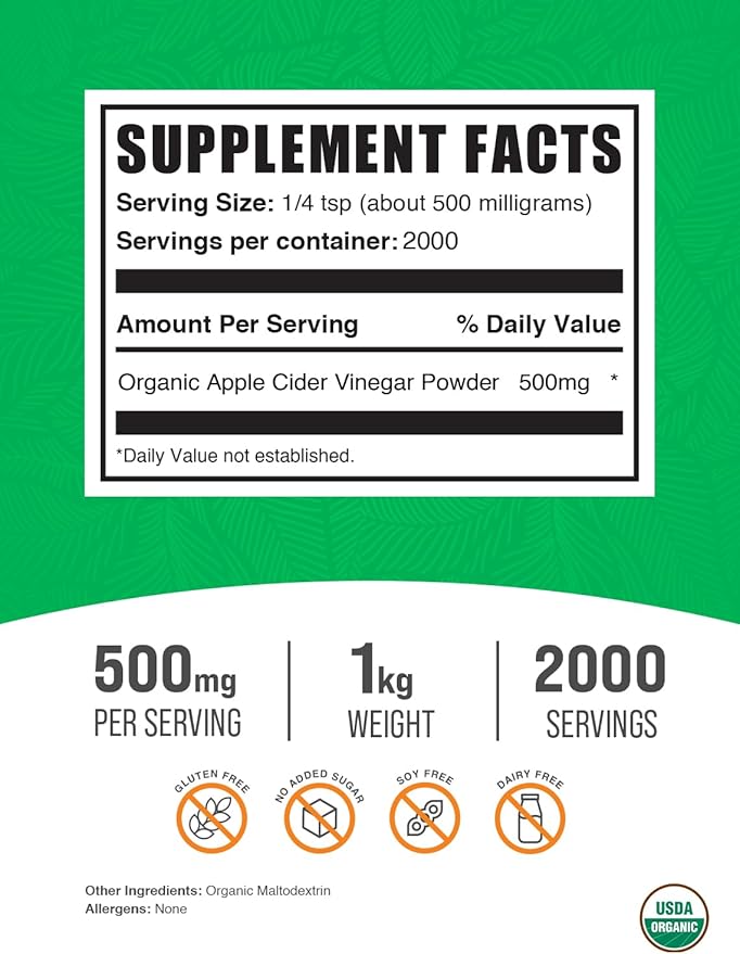 BulkSupplements.com Organic Apple Cider Vinegar Powder - Apple Cider Vinegar Supplement, ACV for