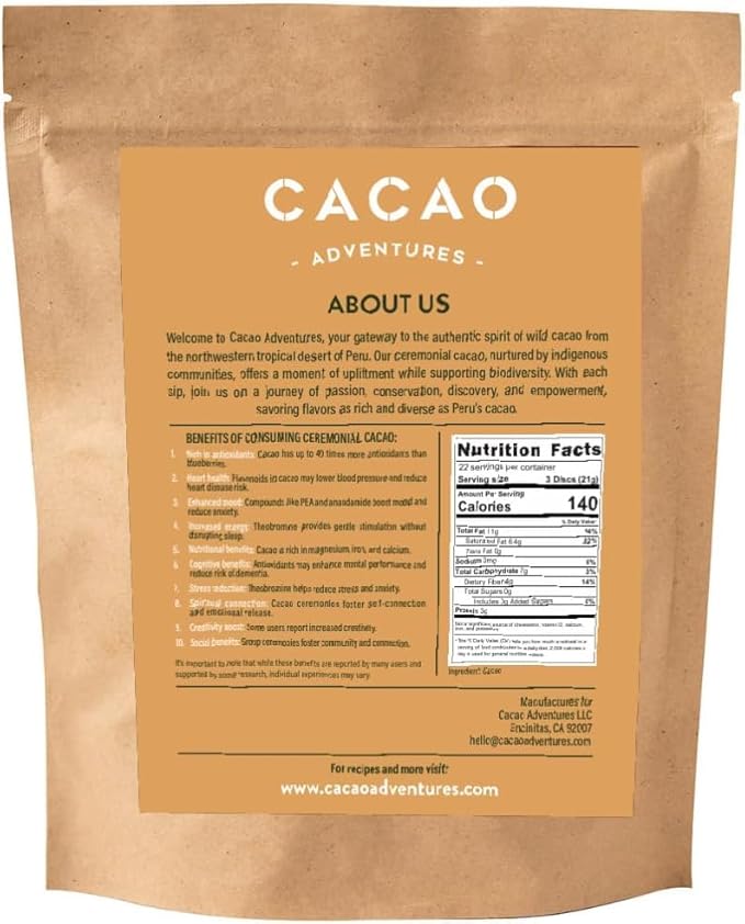 Cacao Adventures Ceremonial Cacao | Tropical Desert Peru 100% Pure Raw Cacao | Dairy Free & Vegan |