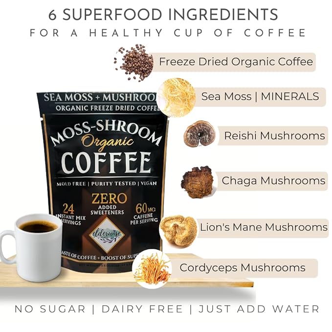 Elderwise Organics Coffee with Mushrooms & Sea Moss - Lion's Mane, Chaga, Reishi & Cordyceps - 24