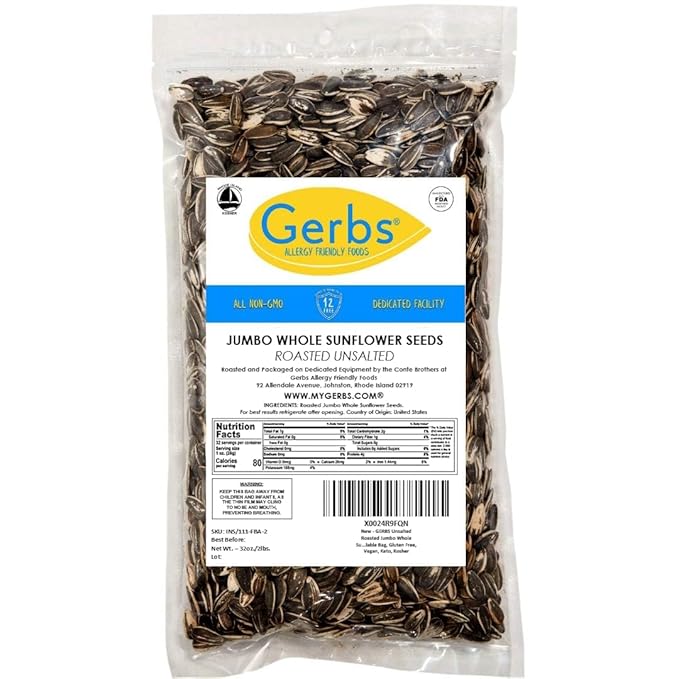 Jumbo Unsalted Sunflower Seeds In Shell by Gerbs – 2 LBS - Top 14 Food Allergen Free & NON GMO