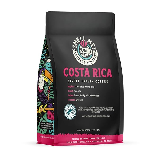 Bones Coffee Company Costa Rica Single-Origin, Cocoa, Nutty and Milk Chocolate Notes, Ground Coffee
