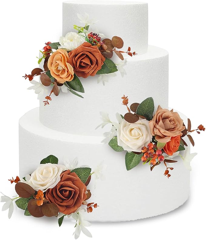Rinlong 3Pcs Cake Topper Set Artificial Flowers for Cake Decor Burnt Orange Fall Wedding Cake