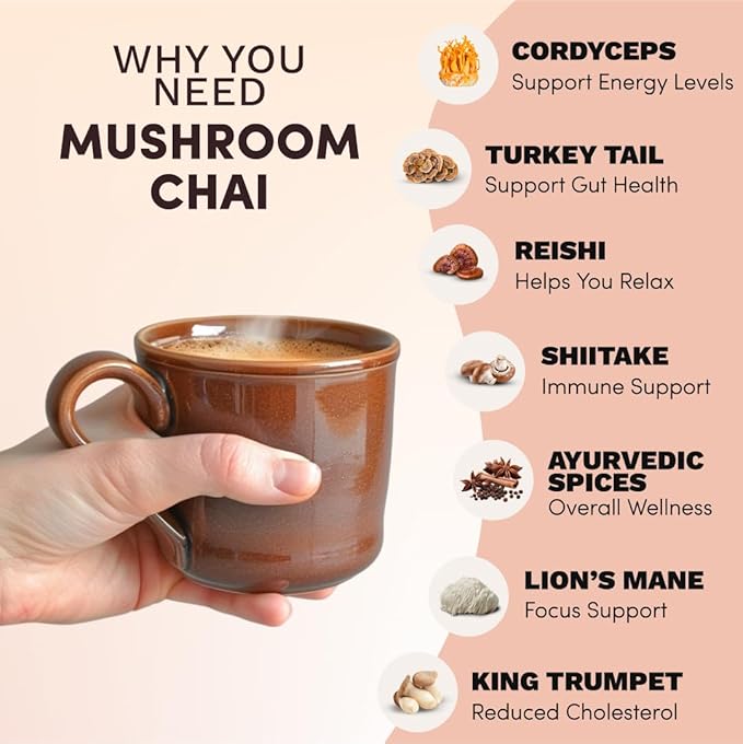 RYZE SUPERFOODS Mushroom Chai with 6 Organic Adaptogenic Mushrooms for Better Energy, Focus