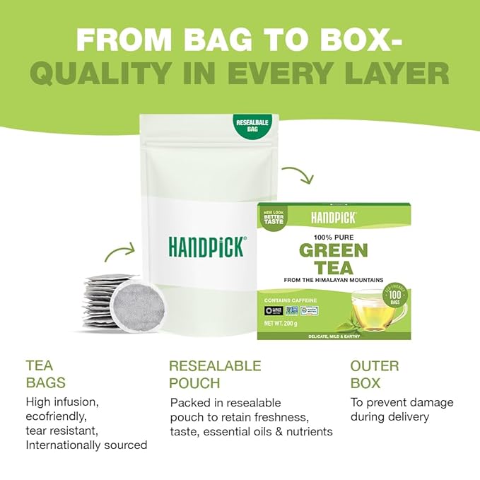 HANDPICK, Green Tea Bags - 100 Eco-Friendly Tea Bags | Resealable Pack for Freshness | Delicate &