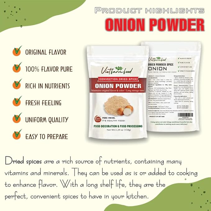 ONION POWDER 5.29 Oz (150g) VIETFARMFOOD: Natural pure, convection dried seasoning made from real
