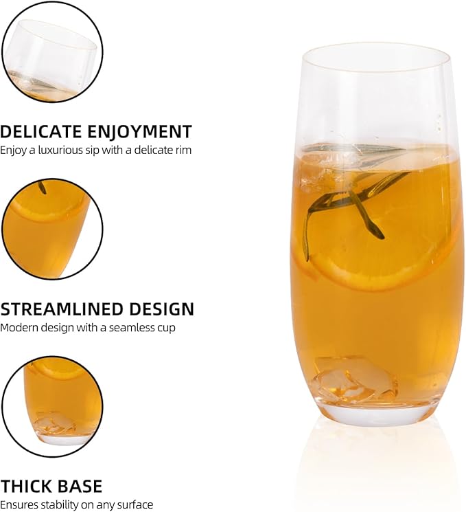 KAMMAK Drinking Glasses Set of 2, 15oz Crystal Water Glasses, Everyday Tall Glass Cups, Highball