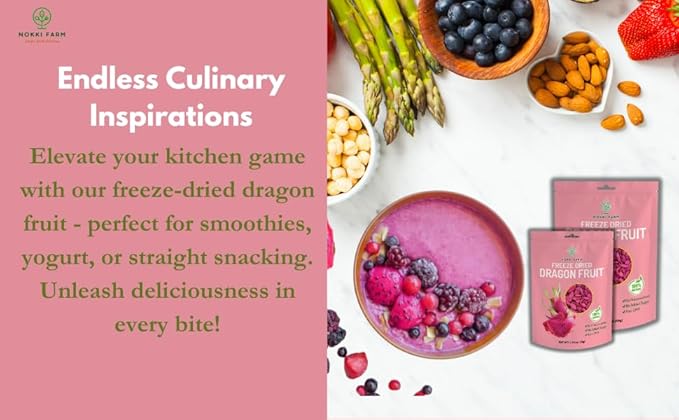 NOKKI FARM Freeze Dried Dragon Fruit - Healthy & Exotic Tropical Superfood Snacks, No Added Sugar