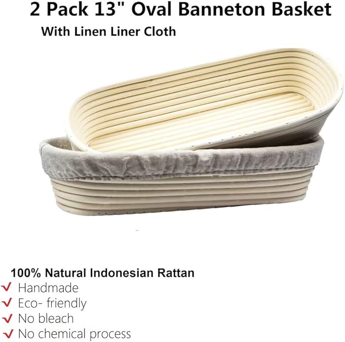 2 Pack 13 Inch Oval Bread Proofing Basket,Banneton Basket Bread Baking Bowl with Linen Liner Cloth