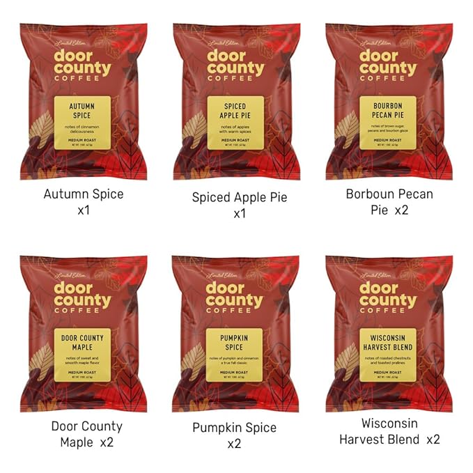 Gourmet Fall Flavored Coffee Sampler Pack - 10 Bags of Seasonal Flavored Coffees - Door County