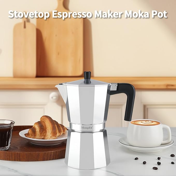 Mongdio Stovetop Espresso Maker Moka Pot, Stove Top Cuban Coffee Maker, Italian Greca Mocha Pot, 9