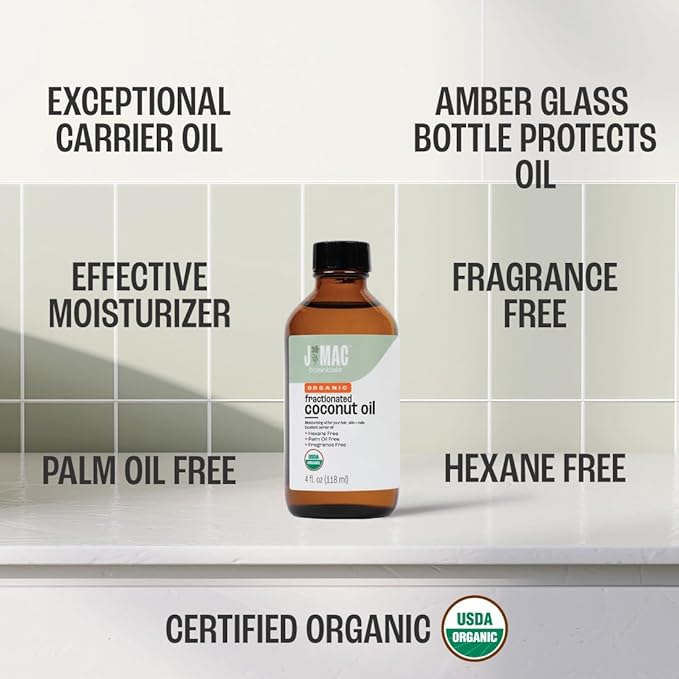 J MAC BOTANICALS Organic Fractionated Coconut Oil (4 oz Glass Bottle) Organic Carrier Oil and