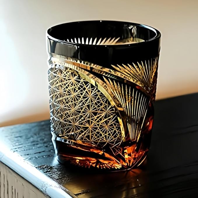 Hand-Carved Crystal Sake Glass with Gold Accents, Traditional Japanese Whiskey Cup, Luxury Amber
