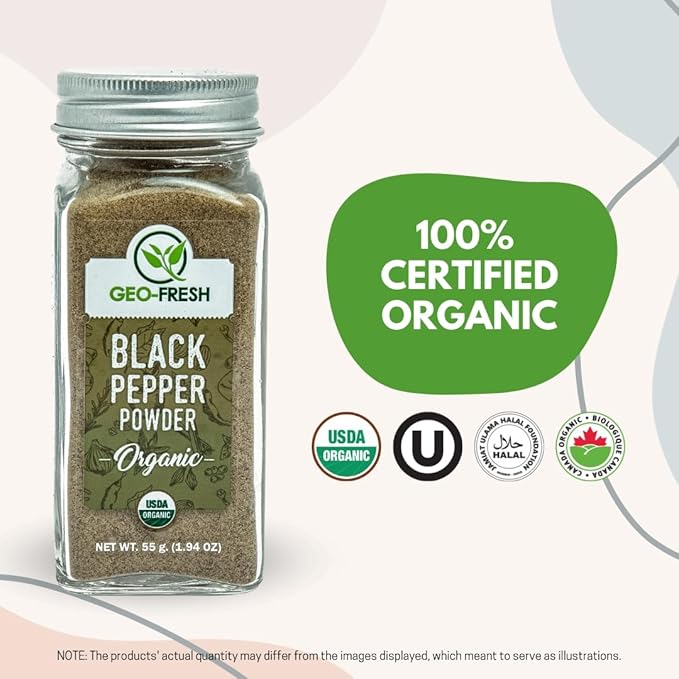 Geo-Fresh Organic Black Pepper Powder ??1.94 oz Glass Jar ??Black Pepper Ground ??USDA Certified