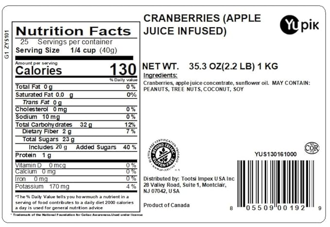 Yupik Cranberries Apple Juice Infused, 2.2 lb, Gluten-Free, Kosher, Vegan, Dried Fruits, No Added