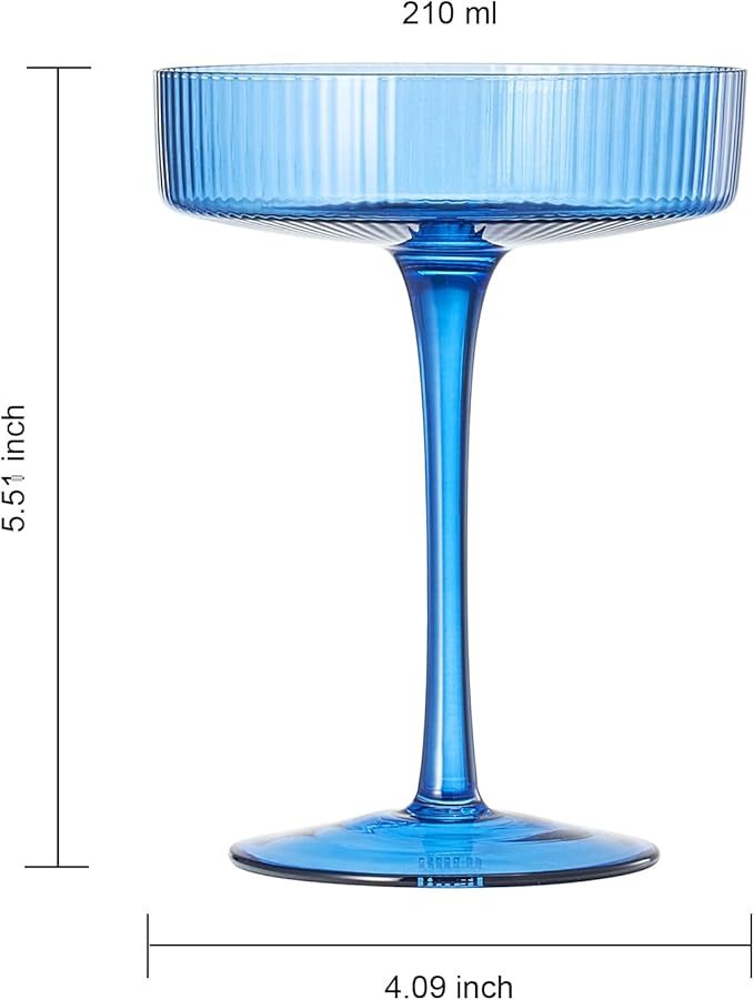 Khen Ribbed Vintage Art Deco Coupe Glasses - Martini, Champagne & Cocktail Ribbed Glasses 8oz |