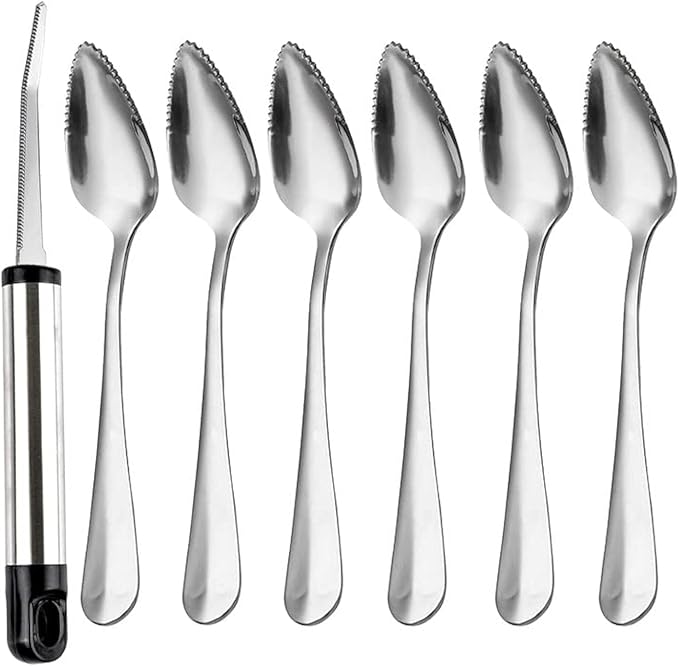 WXJ13 7 PCS Grapefruit Spoons and Grapefruit Knife, Stainless Steel Grapefruit Dessert Spoon