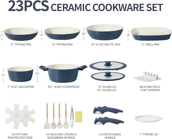 23pcs Ceramic Pots and Pans Set, Nonstick Detachable Handle Cookware, Induction Kitchen Cooking Set
