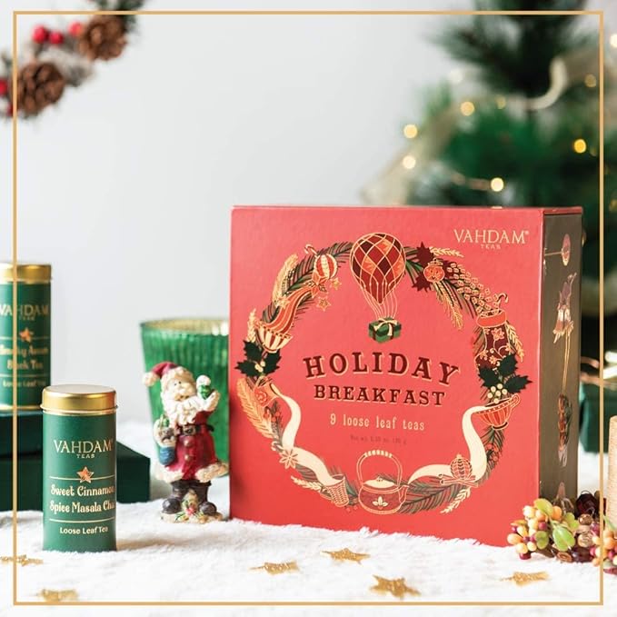 VAHDAM, Holiday Breakfast - Christmas Tea Gift Sets (90+ Cups) 9 Loose Leaf Tea - Luxury Gift Box |