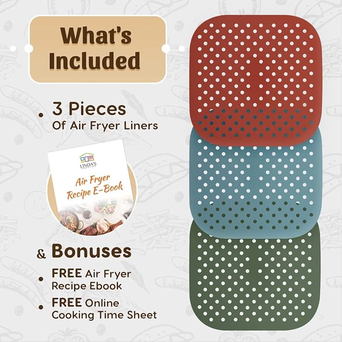 Reusable Square Silicone Air Fryer Liners (8.5 Inch, 3 Pack) by Linda’s Essentials - Non-Stick