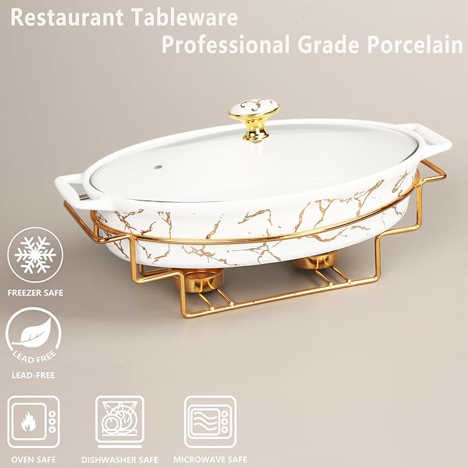 11" x 7" Ceramic Casserole Baking Dish With Glass Cover and with Golden Rack, Lasagna Pan Deep for