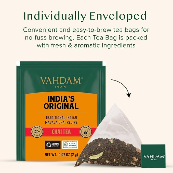 VAHDAM, India's Original Masala Chai Tea (30 Pyramid Tea Bags) Non GMO, Gluten Free, No Artificial