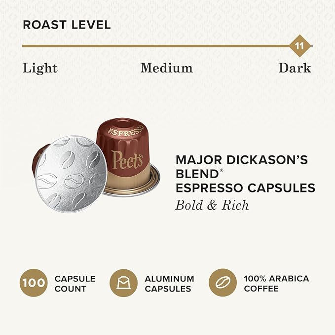 Peet's Coffee, Dark Roast Espresso Capsules, Compatible with Nespresso Original Machines - Major