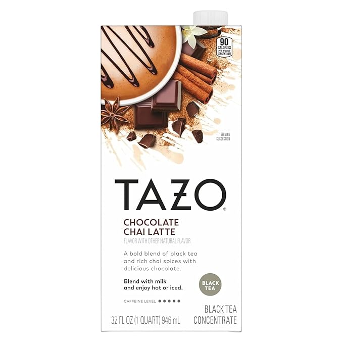 TAZO Tea Concentrate, Chocolate Chai Latte, Strawberry Matcha Latte, Iced Peach Mango 32 Fl Oz
