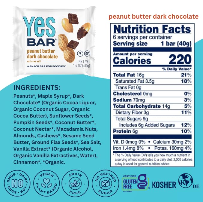 The YES Bar ??Peanut Butter Dark Chocolate ??Plant Based Protein, Decadent Snack Bar ??Vegan