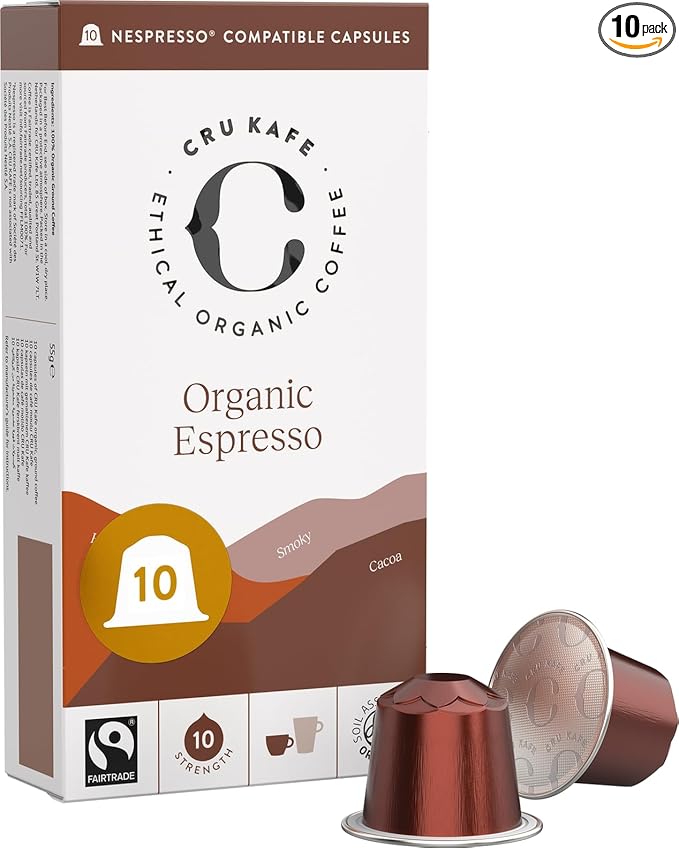 Cru Kafe Strong Espresso USDA Organic Espresso Coffee Capsules (10 Pods) Fairtrade Coffee Pods