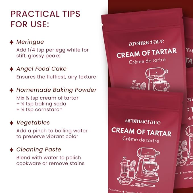 AROMACRAVE Cream of Tartar Powder, High-Purity Potassium Bitartrate for Baking & Cooking