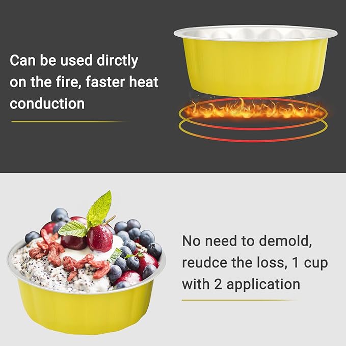Beasea Aluminum Cups for Baking, 8oz 100 Pack Disposable Ramekins with Lids, Lemon Yellow Aluminum