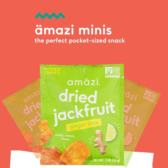 Am채zi Foods | Ginger Lime Dried Jackfruit (12 Pack) | All Natural Mini Travel Snacks | Gluten Free