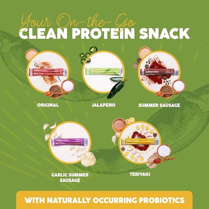 Paleovalley 100% Grass Fed Jalapeno Beef Sticks - Delicious Gluten Free Beef Snack - High Protein