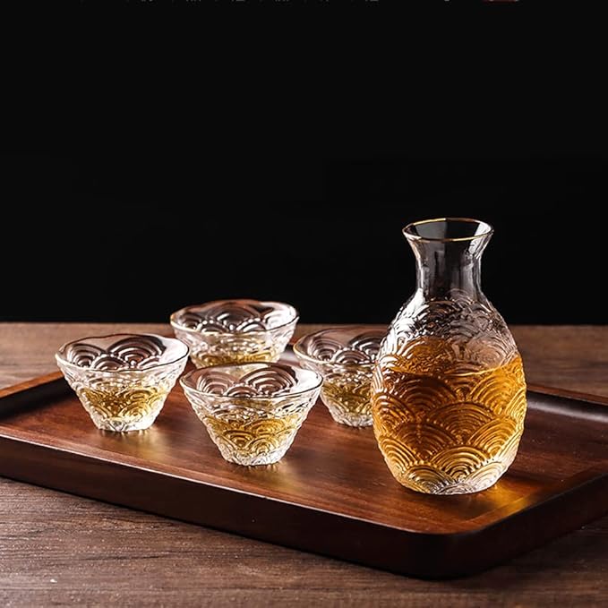 Glass Sake Set, Clear Glass Sake Bottle Set Including 1 Warming Mug, 1 Sake Pot, 4 Sake Cups, Sake