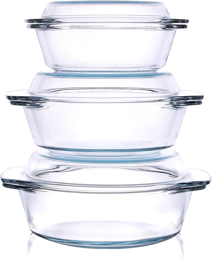 Set of 6 Pieces Round Tempered Glass Casserole Dish with Lids, Glass Casserole Baking Dish Set for