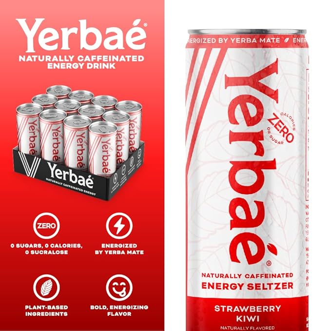 Yerbaé Energy Seltzer - Strawberry Kiwi, No Sugar/Calories/Carbs. Energized by Yerba Mate
