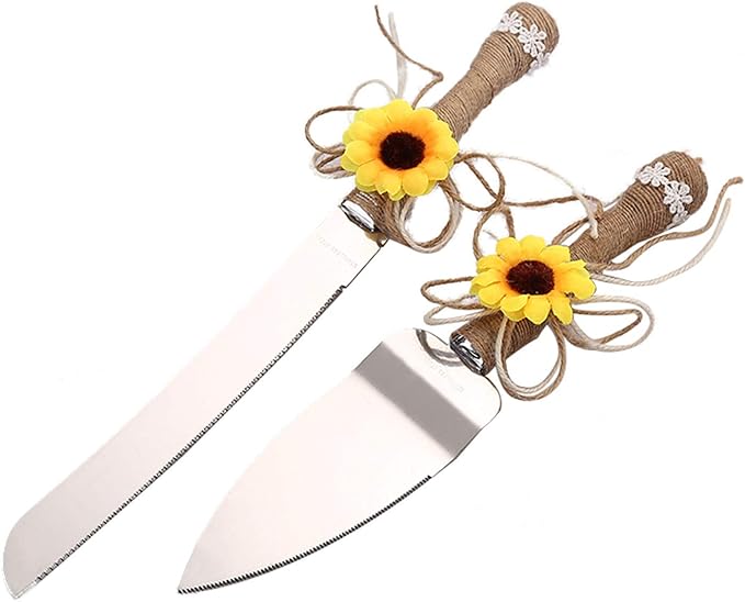 TANG SONG Rustic Wedding Cake Knife and Serving Set with Sunflower Burlap Lace Wedding Cake Knife