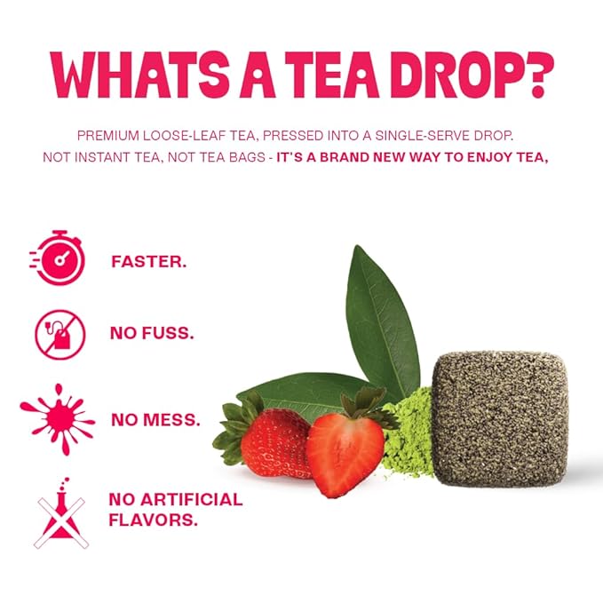 Tea Drops 30 Bulk Pack Organic Strawberry Matcha Bagless Tea - Loose Leaf, Lightly Sweetened