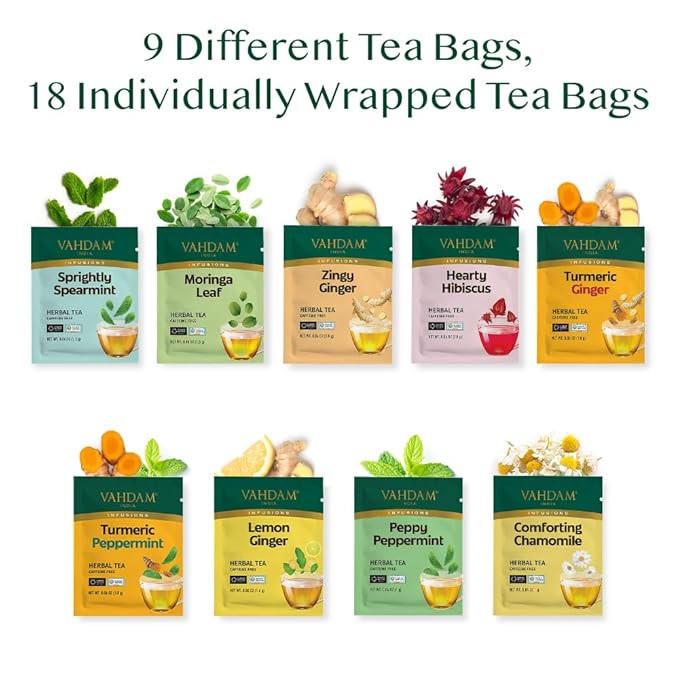 VAHDAM, Assorted Herbal Tea Sampler (18 Tea Bags, 9 Flavors) Caffeine-Free, Non-GMO | Double
