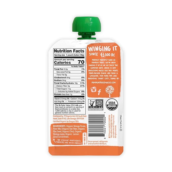 Pumpkin Tree Organics Fruit Snack Packet + Fiber + a Squeeze of Orange, 3.5 Ounce (Pack of 10)