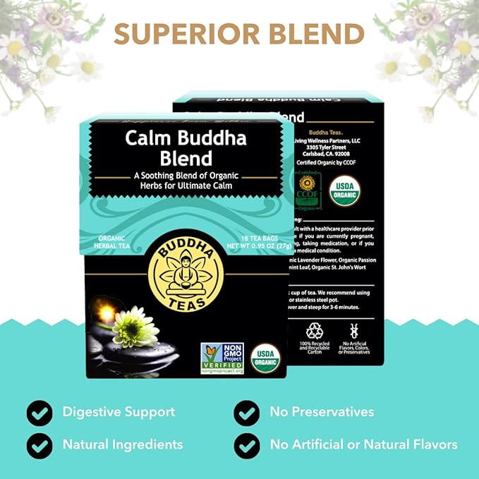 Buddha Teas - Calm Buddha Blend - Organic Herbal Tea - For Health & Wellbeing - Blend of Organic