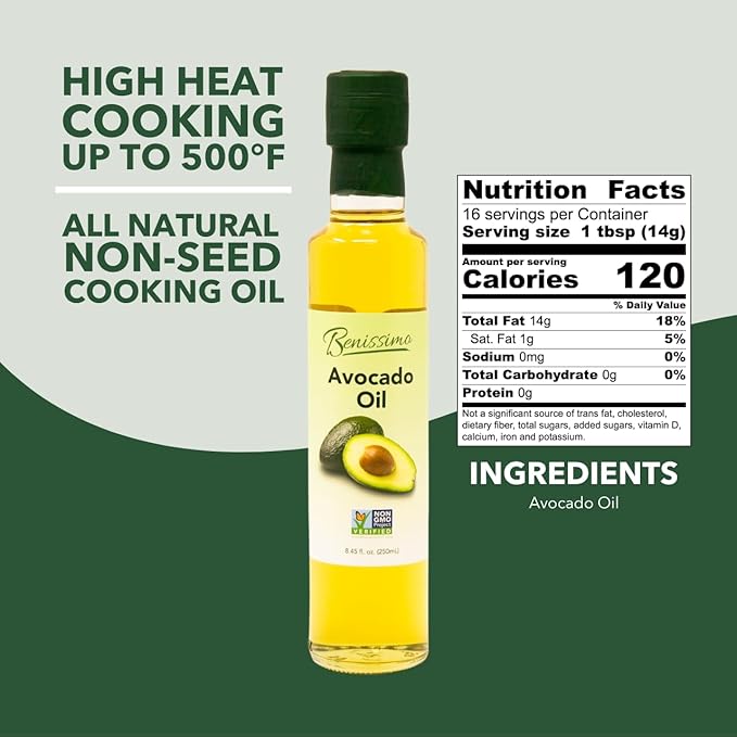 100% Pure Avocado Oil in Glass Bottle, Allergen-Free and Non-GMO, Premium Cold-Pressed Cooking Oil