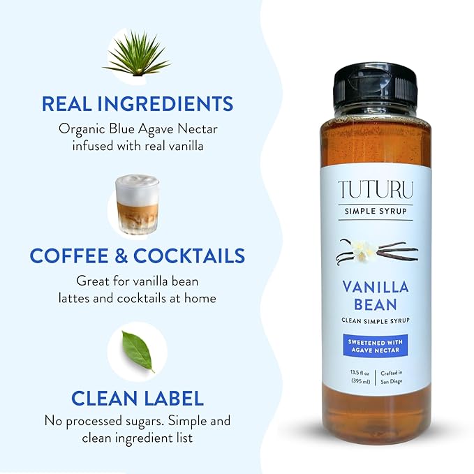 Vanilla Bean Agave Simple Syrup for Coffee & Cocktails - Sweetened with Organic Agave Nectar