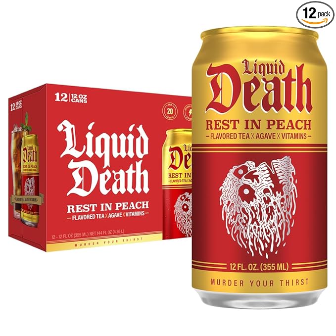 Liquid Death, Rest in Peach Iced Tea, 12-Pack (12 oz Cans), Peach Flavored Back Tea, Low Calorie