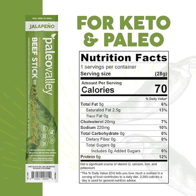 Paleovalley 100% Grass Fed Jalapeno Beef Sticks - Delicious Gluten Free Beef Snack - High Protein
