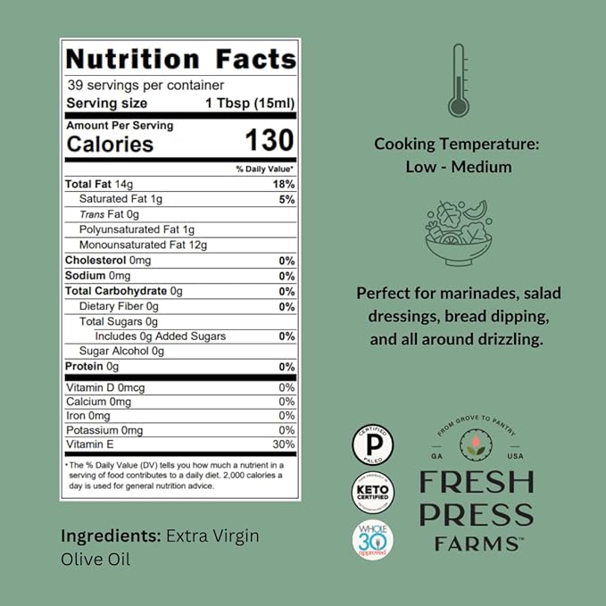 Fresh Press Farms Cold Pressed Bold Extra Virgin Olive Oil, 16.4 Fl Oz (Pack of 2), Georgia Grown
