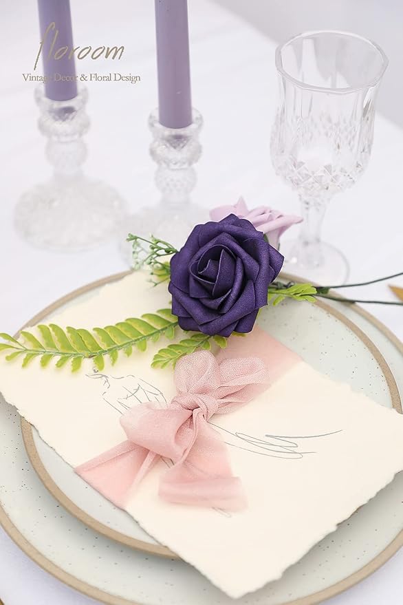 Floroom Artificial Flowers 25pcs Real Looking Lilac & Purple Foam Fake Roses with Stems for DIY